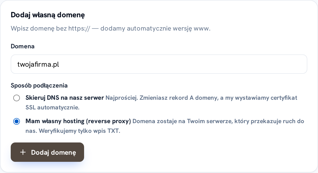 Formularz dodawania domeny z wyborem sposobu podłączenia „Mam własny hosting"